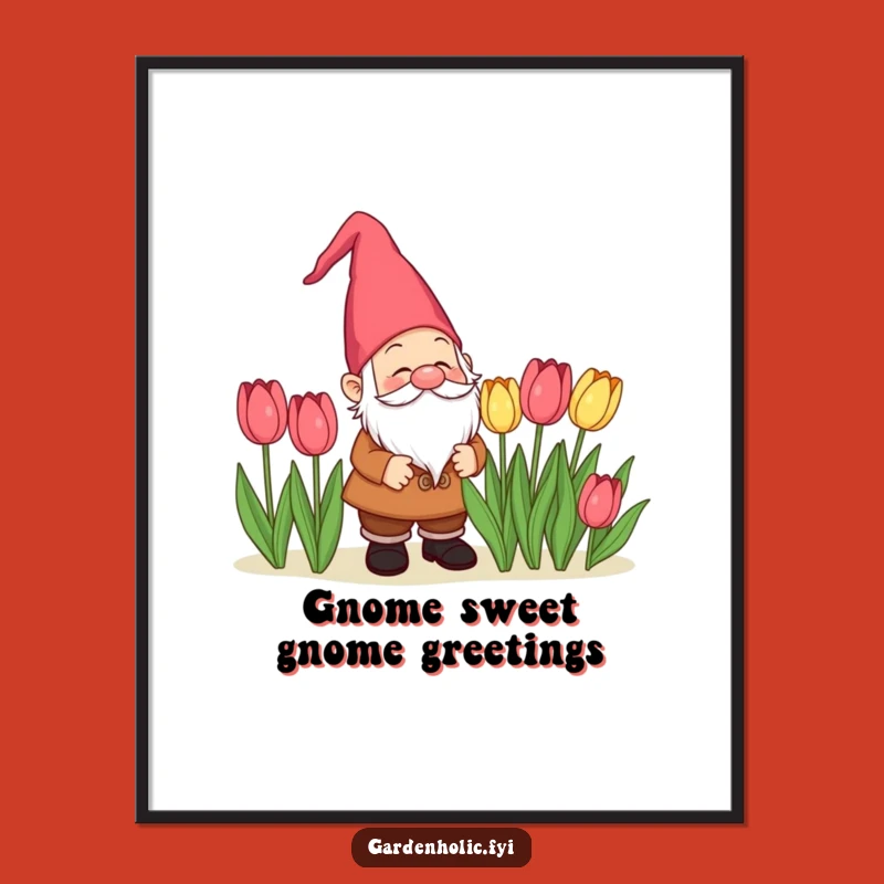 Funny Gnome Admiring Tulips Free Printable Wall Art: Whimsical Downloadable Decor