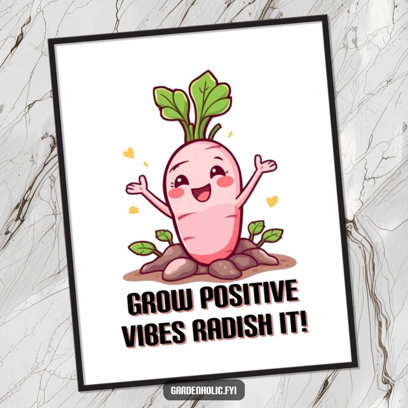 Funny Free Printable Wall Art: Happy radish character bursting vibrantly from the ground. Downloadable art.