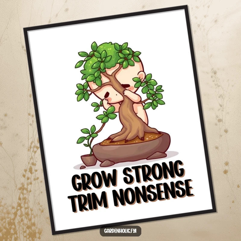 Funny Free Printable Wall Art: Playful character intensely focused, carefully pruning a miniature bonsai tree with tiny shears.