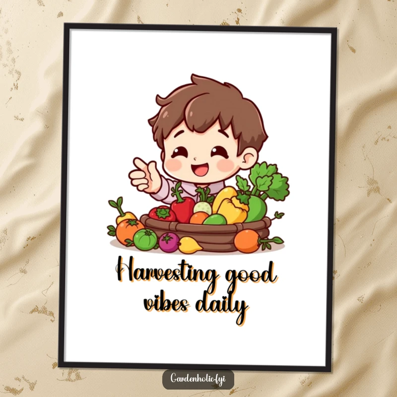 Funny Free Printable Wall Art: A happy character proudly gesturing towards a plentiful harvest of tiny, colorful vegetables, perfect for kitchens.
