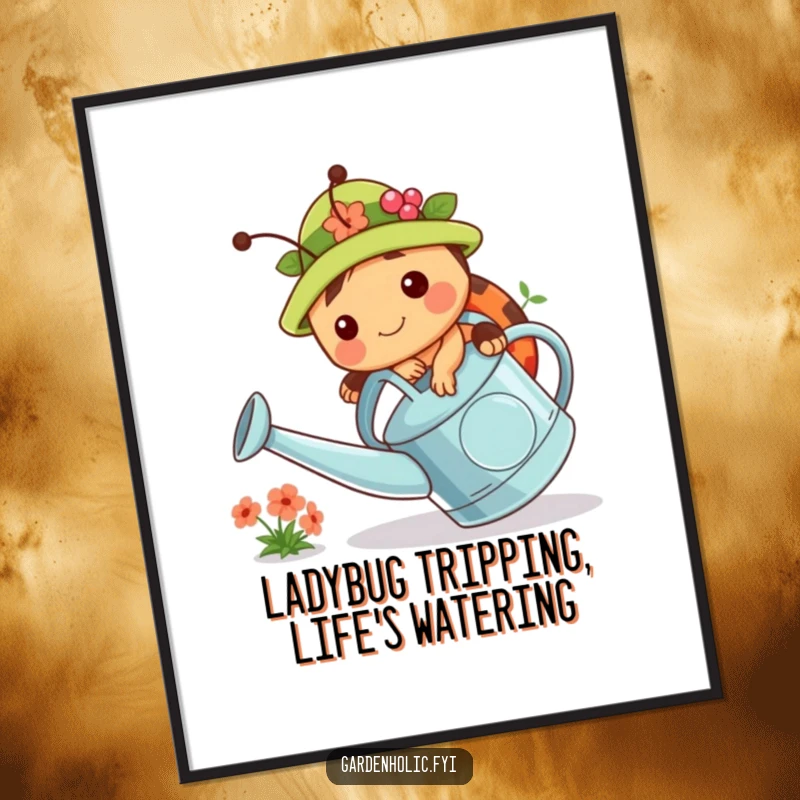 Funny Free Printable Wall Art: Chubby ladybug character wearing a tiny gardening hat and tripping over a large watering can.