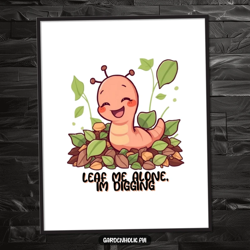 Funny Free Printable Earthworm Wall Art: Giggling earthworm character playfully digging through a pile of leaves. Humorous, quirky decor.