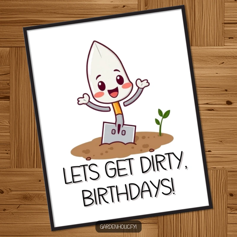 Funny Free Printable Trowel Wall Art: Playful trowel character doing a happy flip in the soil. Energetic, humorous garden decor.