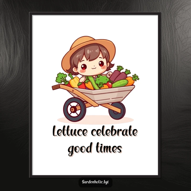 Funny Free Printable Wall Art: Cute character happily beaming, pushing a wheelbarrow overflowing with fresh, colorful vegetables.