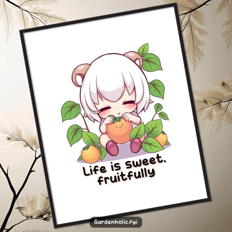Funny free printable wall art of a cute character intently focused, gently tending to a tiny, perfect piece of fruit.