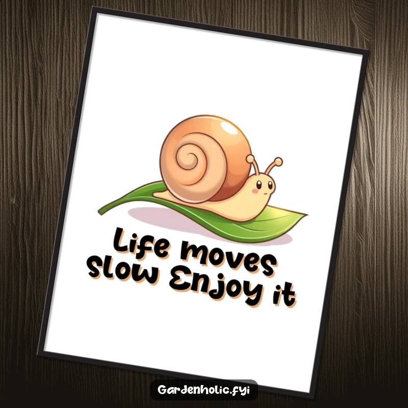 Funny Free Printable Wall Art: Cute snail character leaving a shimmering, sparkling trail across a lush leaf. Downloadable art.