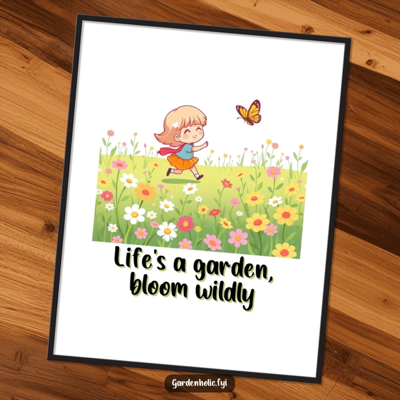 Funny Free Printable Wall Art: A playful character joyfully running after a butterfly in a vibrant field of flowers, capturing pure delight.