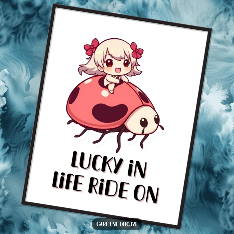 Funny Free Printable Wall Art: Character rides with pure joy on the back of a giant, friendly ladybug through a scenic landscape.