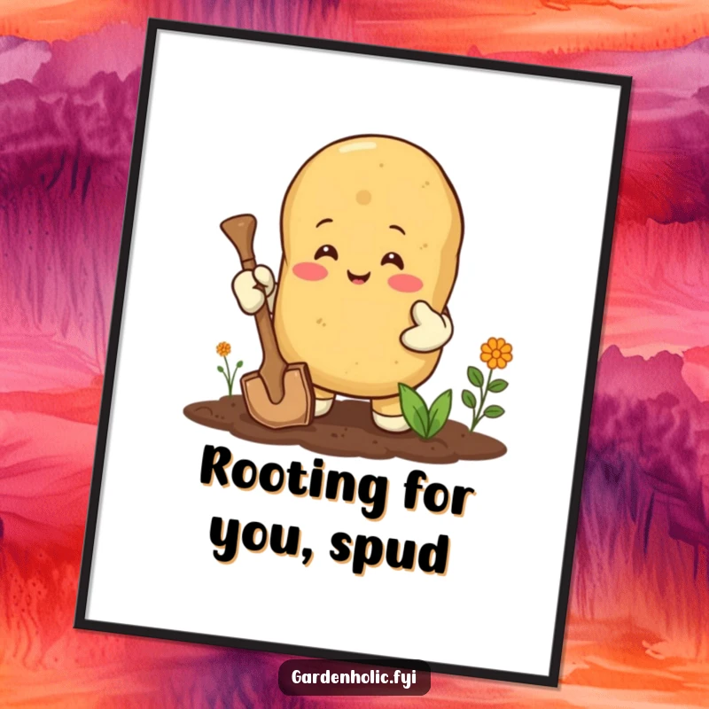 Funny Free Printable Wall Art: A happy potato in gardening gloves is digging enthusiastically, bringing cheerful energy. DIY decor.