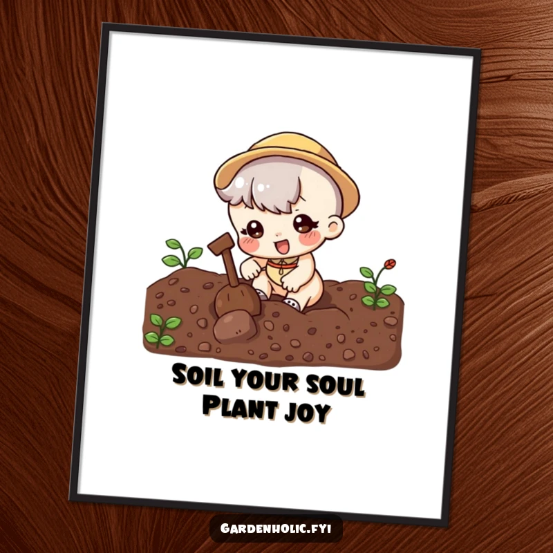 Funny Free Printable Wall Art: Cute character digging enthusiastically in rich soil, a humorous garden scene.