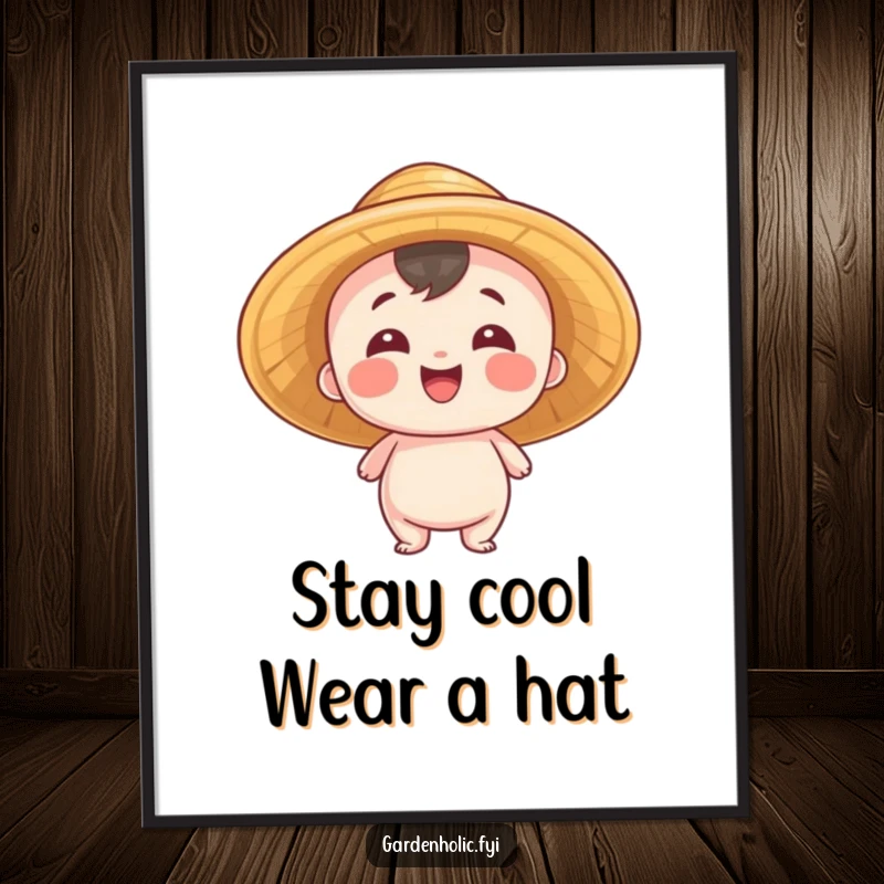 Funny Free Printable Wall Art: Small entity wearing a straw hat beams with pride, radiating happiness.