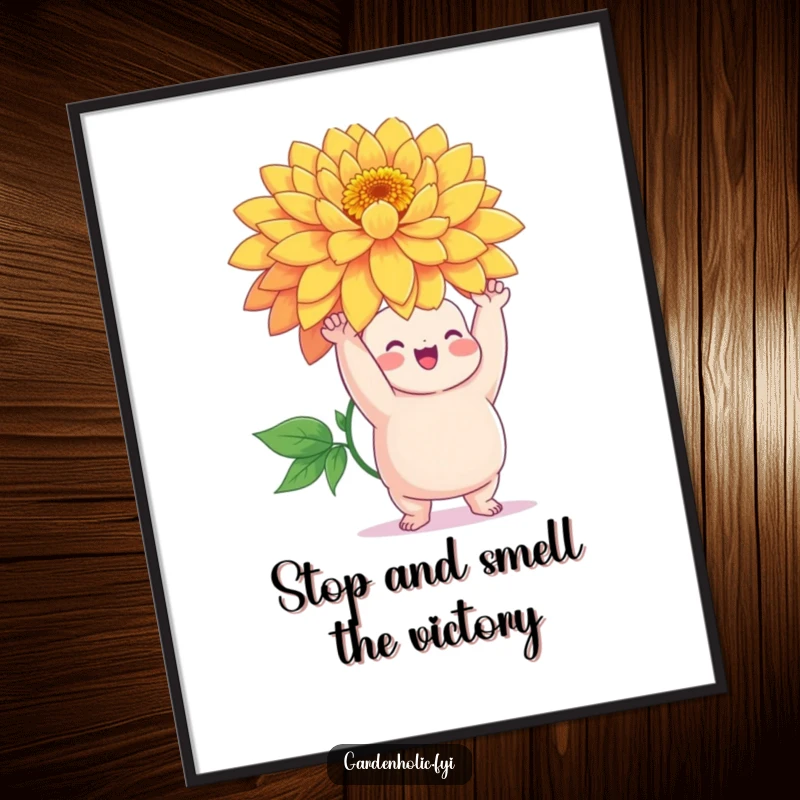 Funny Free Printable Wall Art: Chubby character triumphantly holding up a giant, vibrant flower with a huge grin.