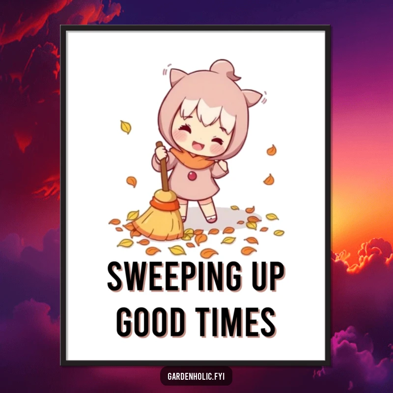 Funny Free Printable Wall Art showing a character enthusiastically sweeping fallen leaves with a tiny broom, adding a touch of order and humor.