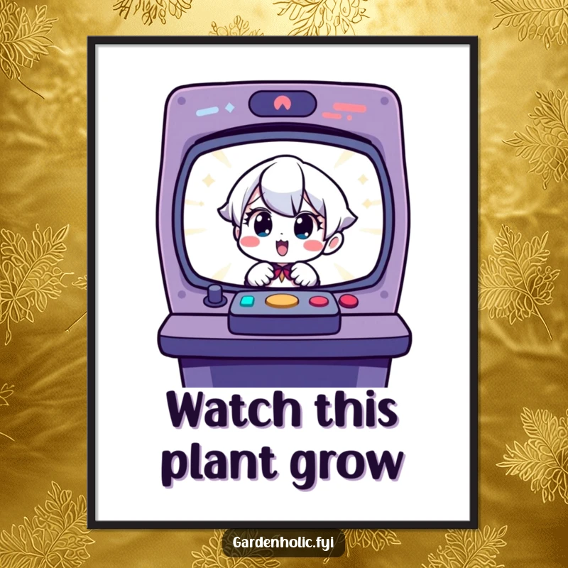 Funny free printable wall art of a charming character looking surprised and delighted at a tiny, vibrant sprouting seedling.