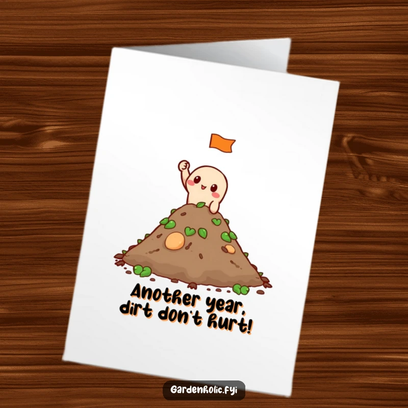 Funny Free Printable Birthday Card: Character triumphantly waves a tiny flag from atop a compost pile, a true garden ruler.