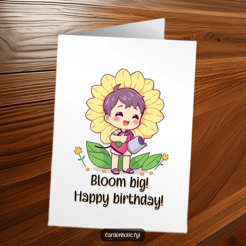 Funny Free Printable birthday card showing a character happily watering a giant, smiling flower with a small watering can.