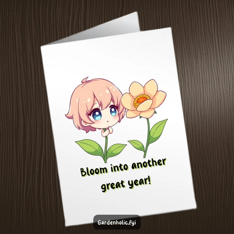 Funny Free Printable Birthday Card: Character admiring a vibrant flower with sparkling eyes, nature's beauty, downloadable gift.