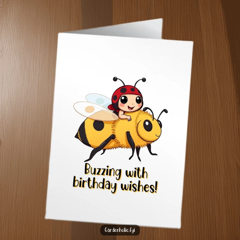Funny Free Printable Ladybug Birthday Card: Cheerful ladybug rides a friendly bumblebee, delivering birthday wishes. Downloadable and charming.