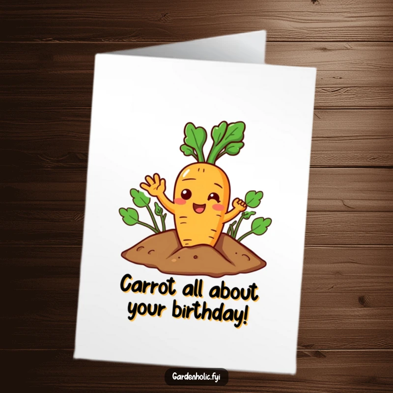 Funny Free Printable Birthday Card: Joyful carrot character cheerfully waving from within the soil. DIY gift.