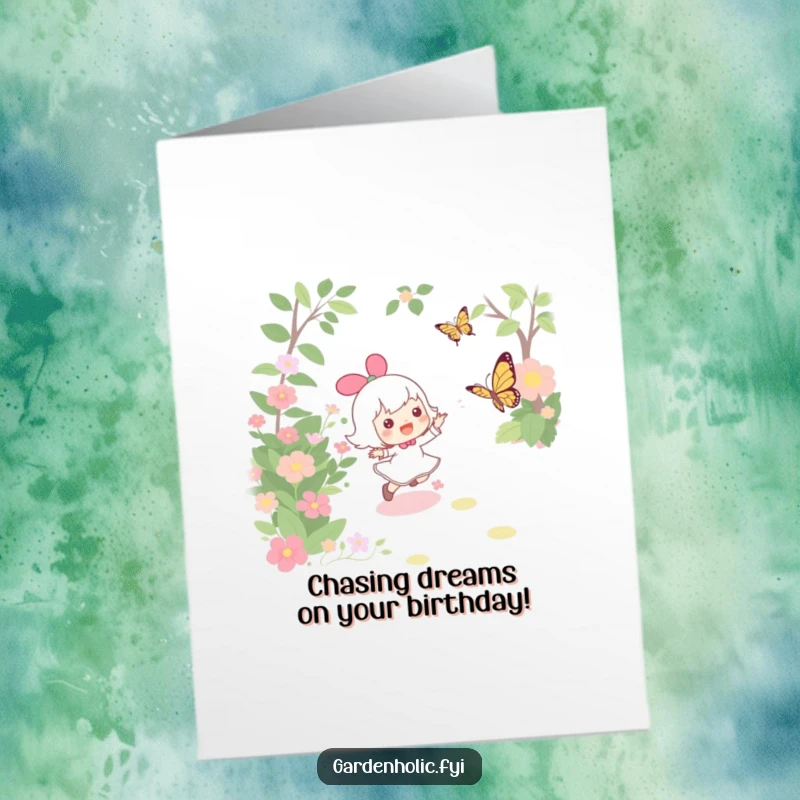 Funny Free Printable Birthday Card: Character happily chasing a fluttering butterfly through a vibrant garden.