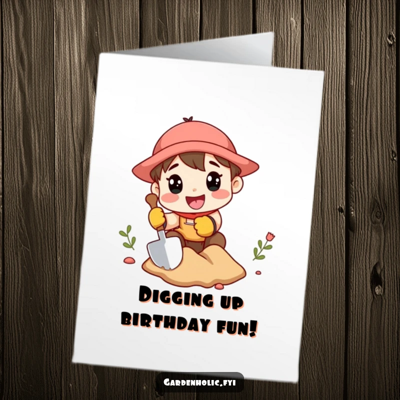 Funny free printable birthday card featuring a character with gardening gloves digging with a tiny shovel, ready to unearth birthday joy.