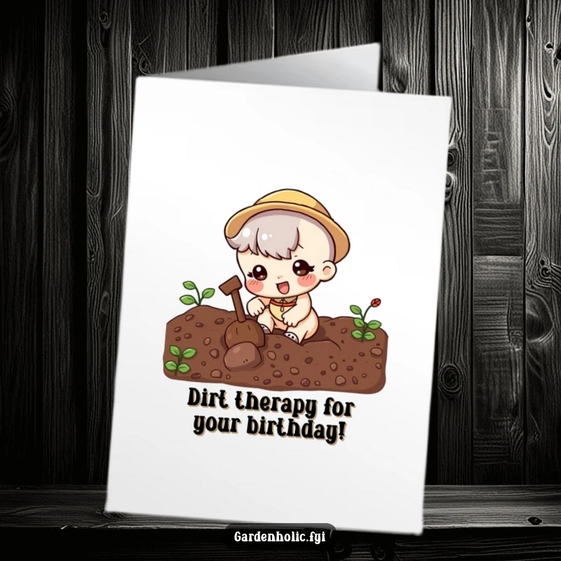 Funny Free Printable Birthday Card: Cute character digging energetically in dark soil, ready for a birthday surprise.