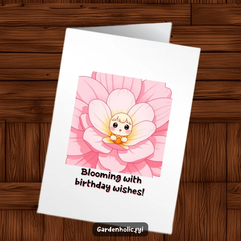 Funny Free Printable Birthday Card showing a small character peeking out from a giant flower bloom with wide, curious eyes.