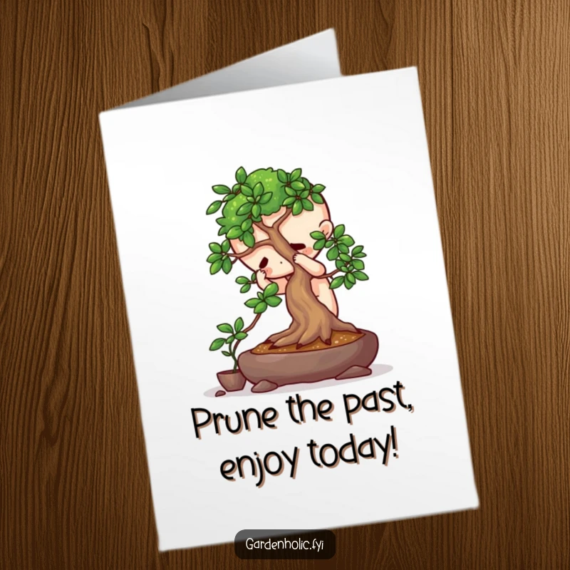 Funny Free Printable Birthday Card: Playful character intensely focused on pruning a miniature bonsai tree with precision.