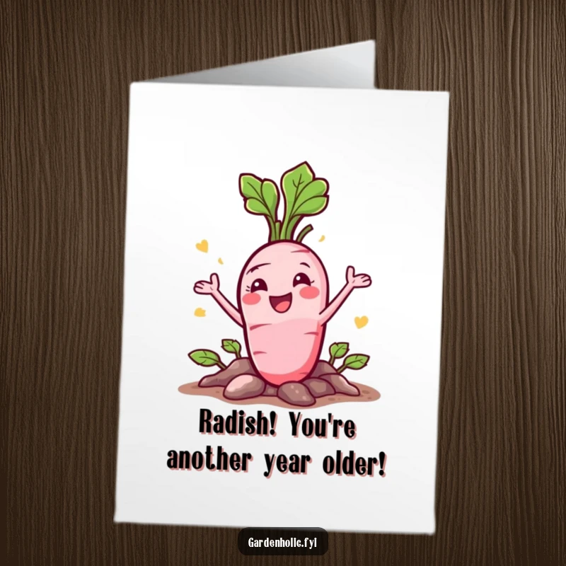 Funny Free Printable Birthday Card: Happy radish character bursting from the soil with a dynamic flourish. DIY gift.