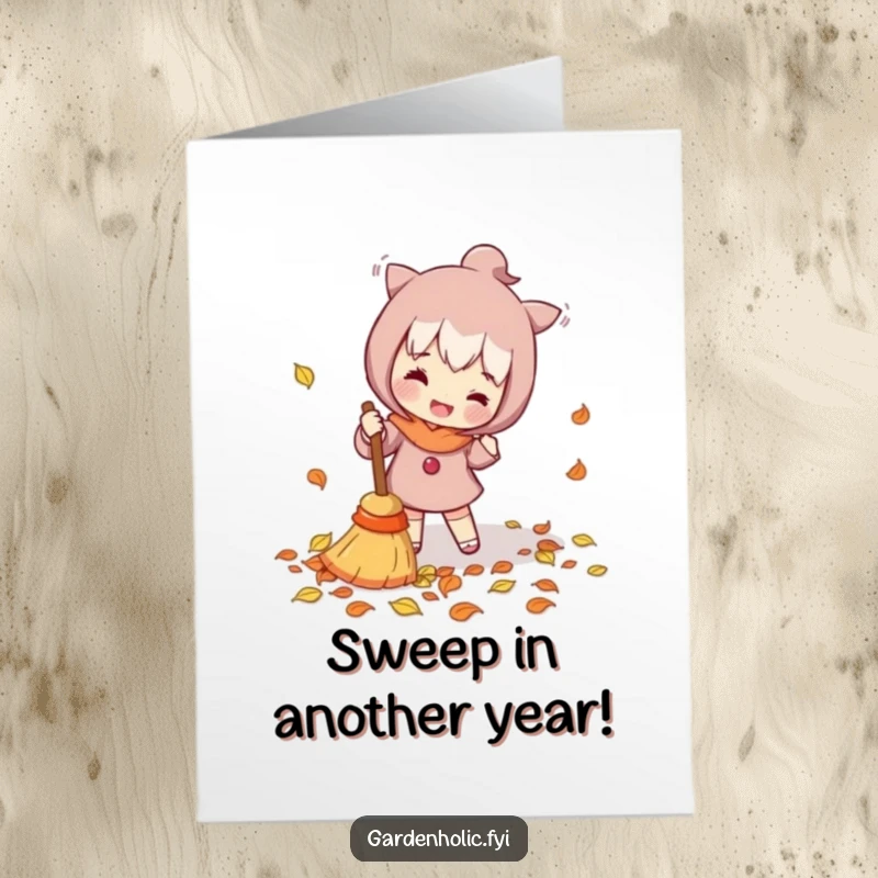 Funny Free Printable Birthday Card with a character enthusiastically sweeping fallen leaves with a tiny broom, symbolizing tidiness and new beginnings.