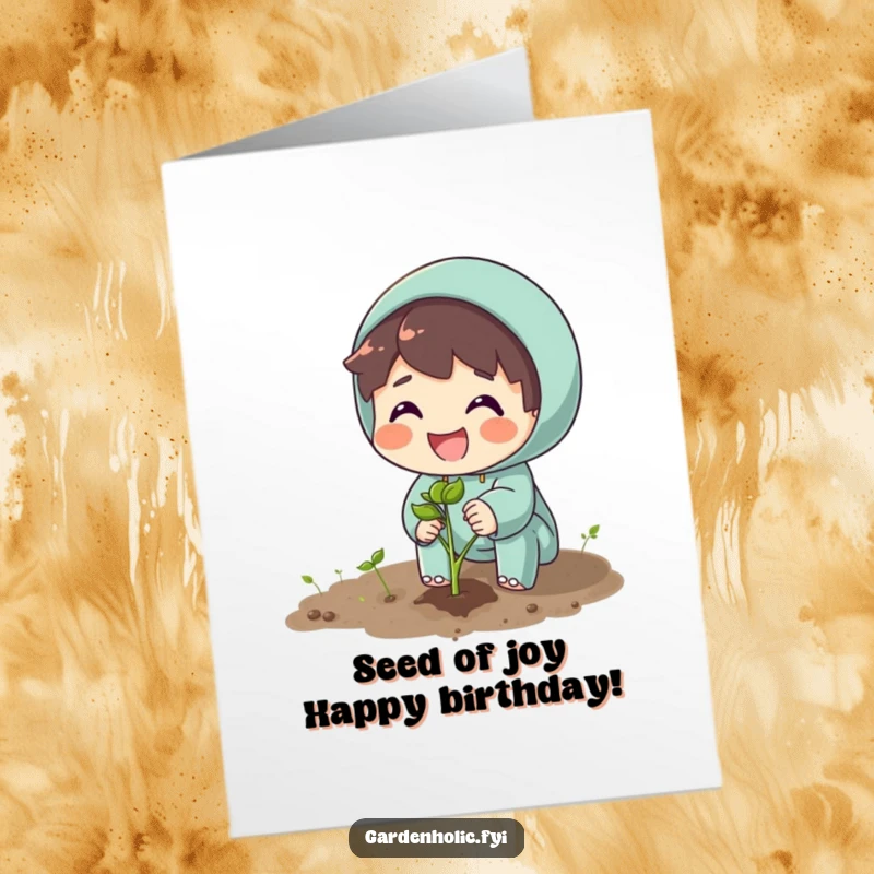 Funny Free Printable Birthday Card: Character beams while enthusiastically planting a tiny seed, symbolizing new beginnings.