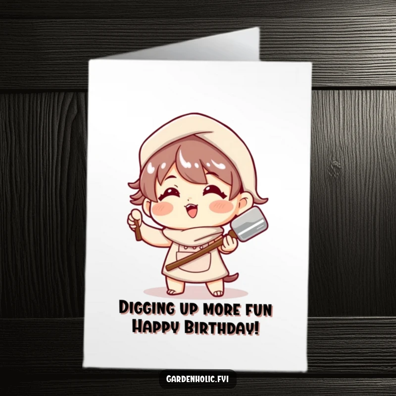 Funny Free Printable Birthday Card: Character strikes a playful, confident pose with a shiny garden trowel, ready to dig in.