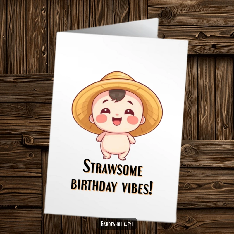 Funny Free Printable Birthday Card: Small entity in a straw hat beams with pride, celebrating a birthday.