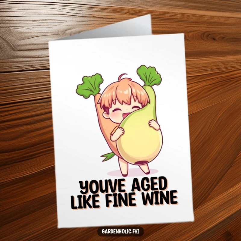 Funny Free Printable Birthday Card: Character joyfully holding a plump, oversized zucchini, celebrating a birthday win.