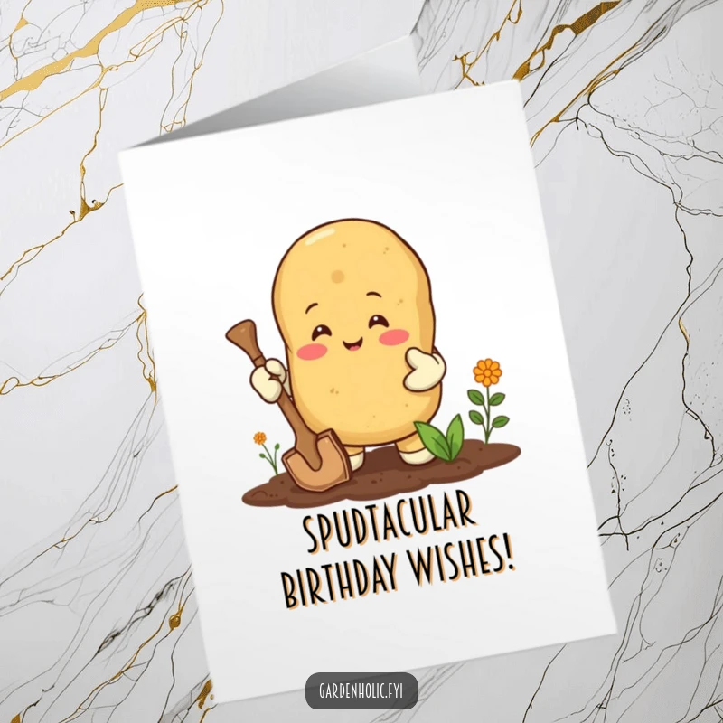 Funny Free Printable Birthday Card: A happy potato in gardening gloves digs enthusiastically, celebrating with joy. Downloadable gift.