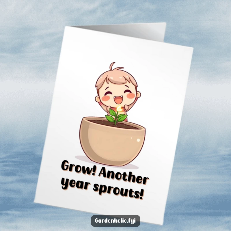 Funny Free Printable birthday card showing a cute character happily planting a sparkling seed in a large pot, symbolizing growth.