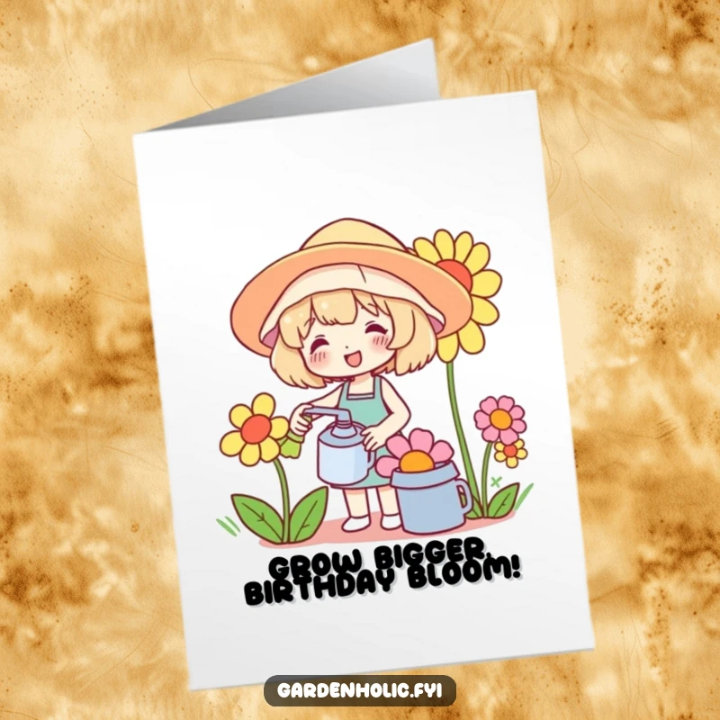 Funny free printable birthday card featuring a cute character in a sunhat watering a giant flower, celebrating a day in full bloom.