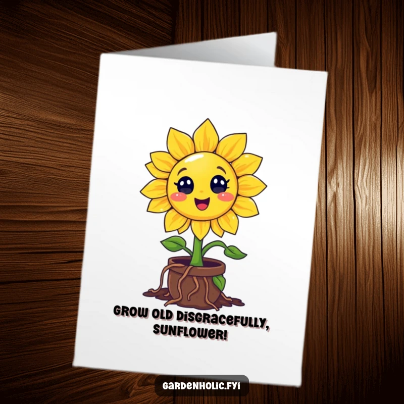 Funny Free Printable Birthday Card: Smiling sunflower character digging roots enthusiastically into a tiny pot, spreading joy.