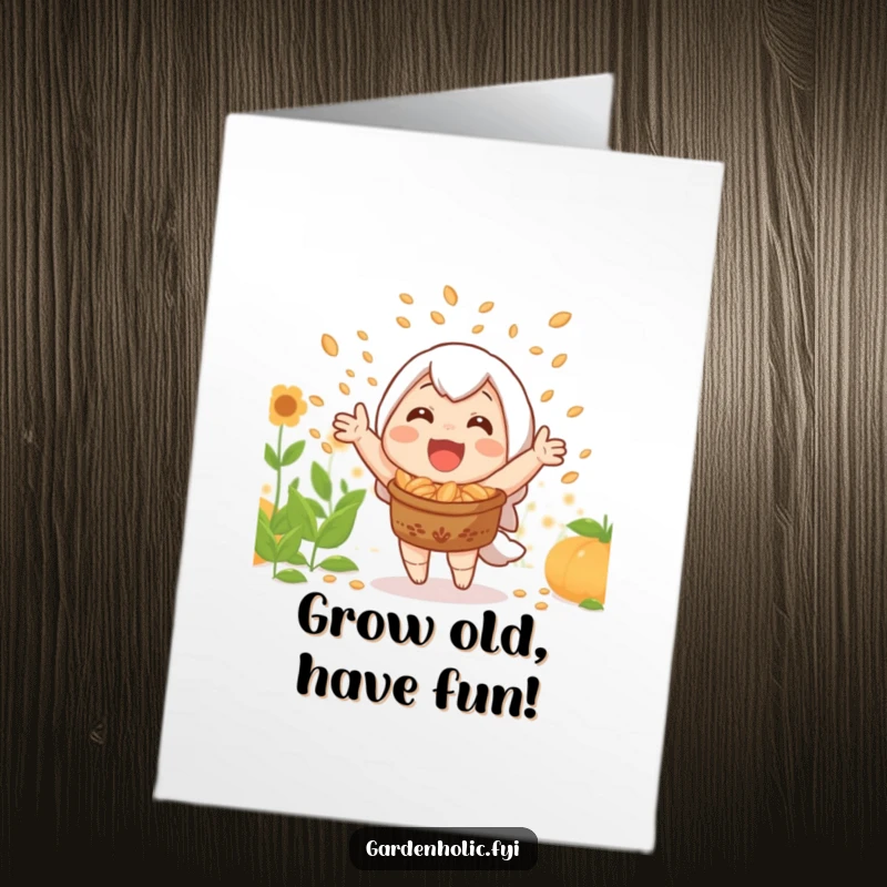 Funny Free Printable Birthday Card: Joyful character celebrating a harvest by showering seeds with happiness.