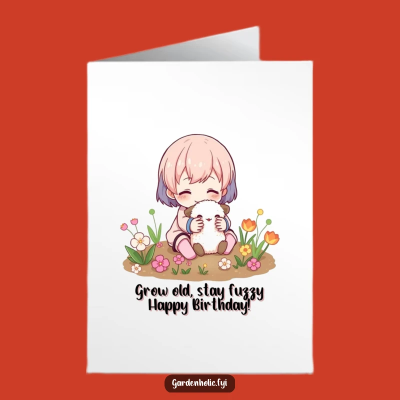 Free Printable Birthday Card: Funny Fuzzy Friend Cuddle for a Whimsical Garden Celebration