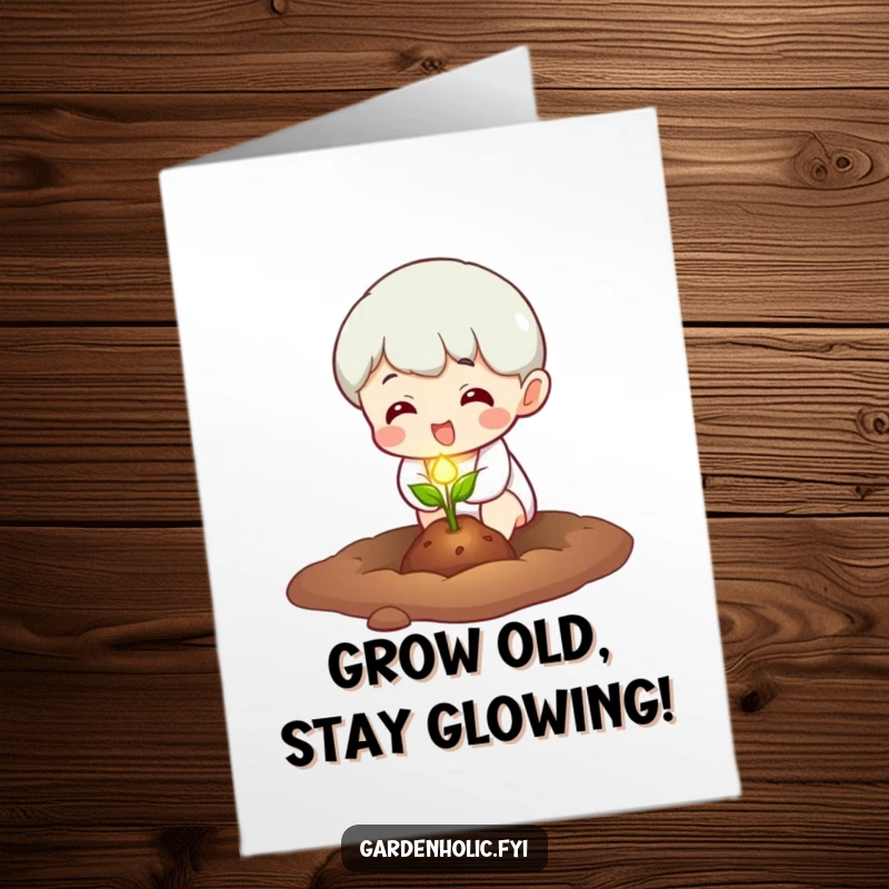 Funny Free Printable Birthday Card with a character excitedly planting a tiny, glowing seed, symbolizing growth and joy.