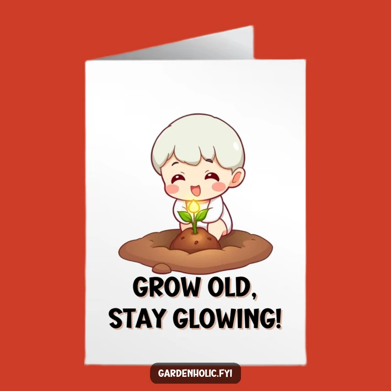 Free Printable Birthday Card: Glowing Seed Planting Character, Fun Downloadable Greeting for Growth and Joy