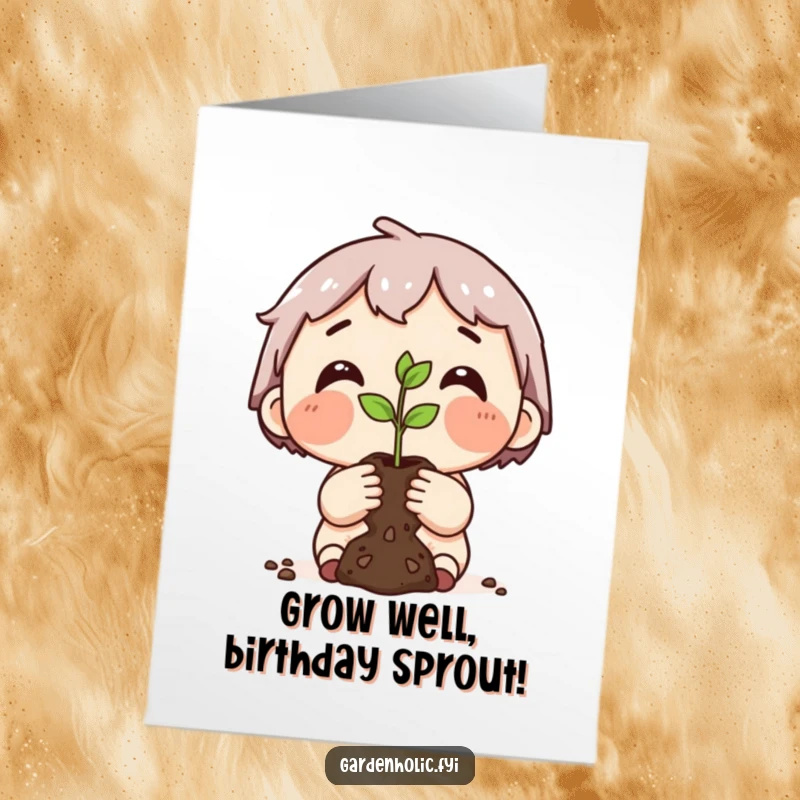 Funny free printable birthday card showing a dirt-smudged character proudly holding a tiny seedling, symbolizing new beginnings and growth.