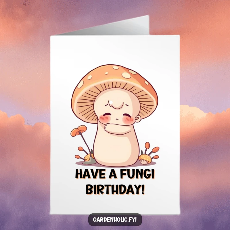Funny Free Printable Birthday Card with a character hugging a giant, soft mushroom, conveying warmth and coziness.