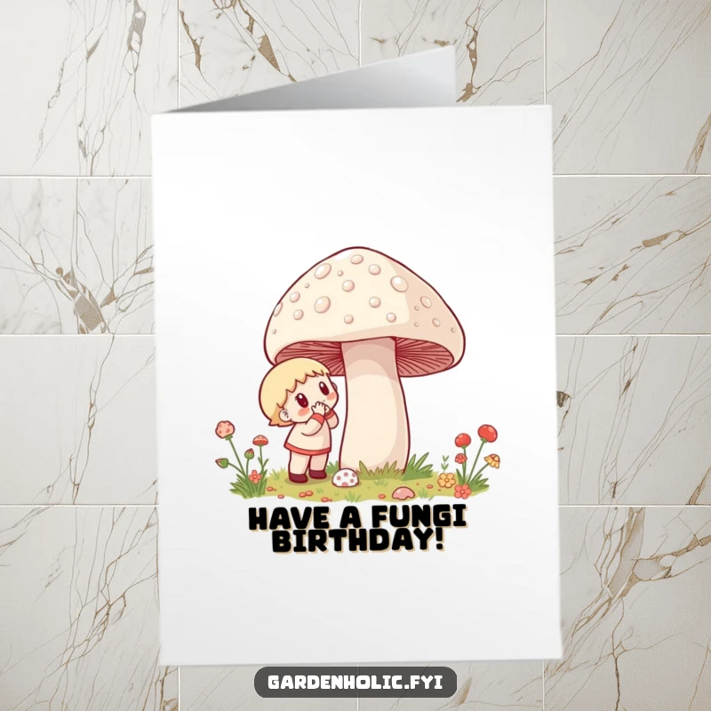 Funny Free Printable Birthday Card: Character gazes with excitement at a giant, dewy mushroom in a magical forest setting.