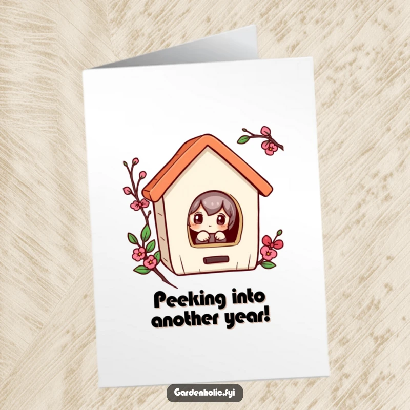 Funny Free Printable Birthday Card: Curious character with wide eyes peeking into a miniature birdhouse, ready for a funny greeting.