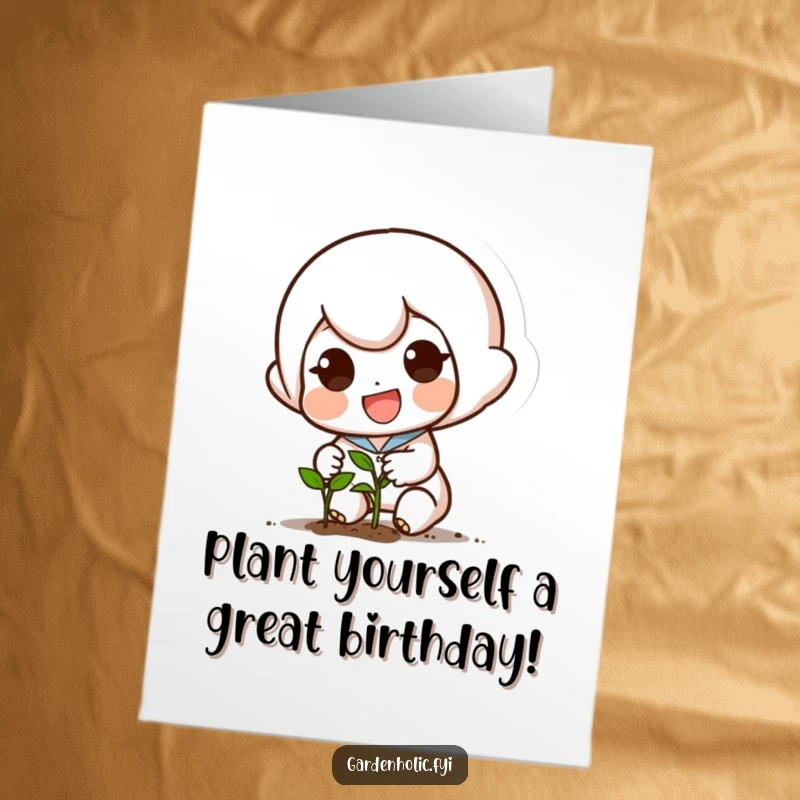 Funny Free Printable Birthday Card: Small character with a determined smile planting a tiny seed, embodying hope and fun.