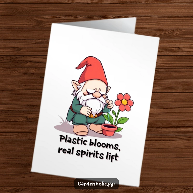 Funny Free Printable Birthday Card: Grumpy garden gnome attempts to water a fake flower, looking utterly unimpressed. A hilarious DIY gift.
