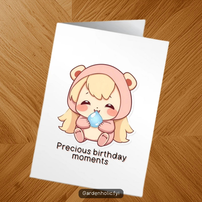 Funny Free Printable Birthday Card showing a character happily cradling a tiny, shimmering dewdrop, representing precious moments.
