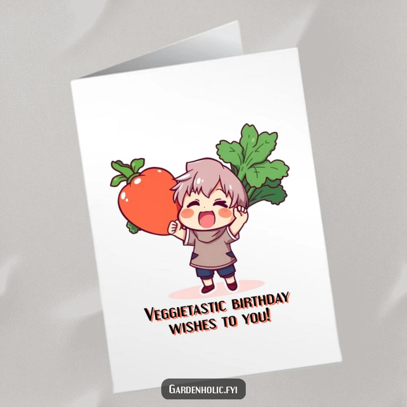 Funny Free Printable Birthday Card: Excited character holds a giant, vibrant carrot, spreading healthy laughter and cheer.